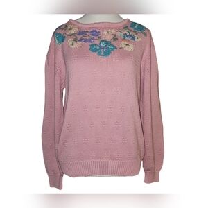Vtg Archie Brown Pink Knit Floral Butterfly Puff Sleeve Sweater Cottagecore Sz M